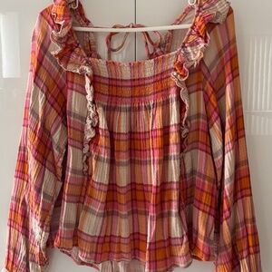 Free People We The Free Siena Plaid Flannel Ruffle Top Pink/Orange, Size L